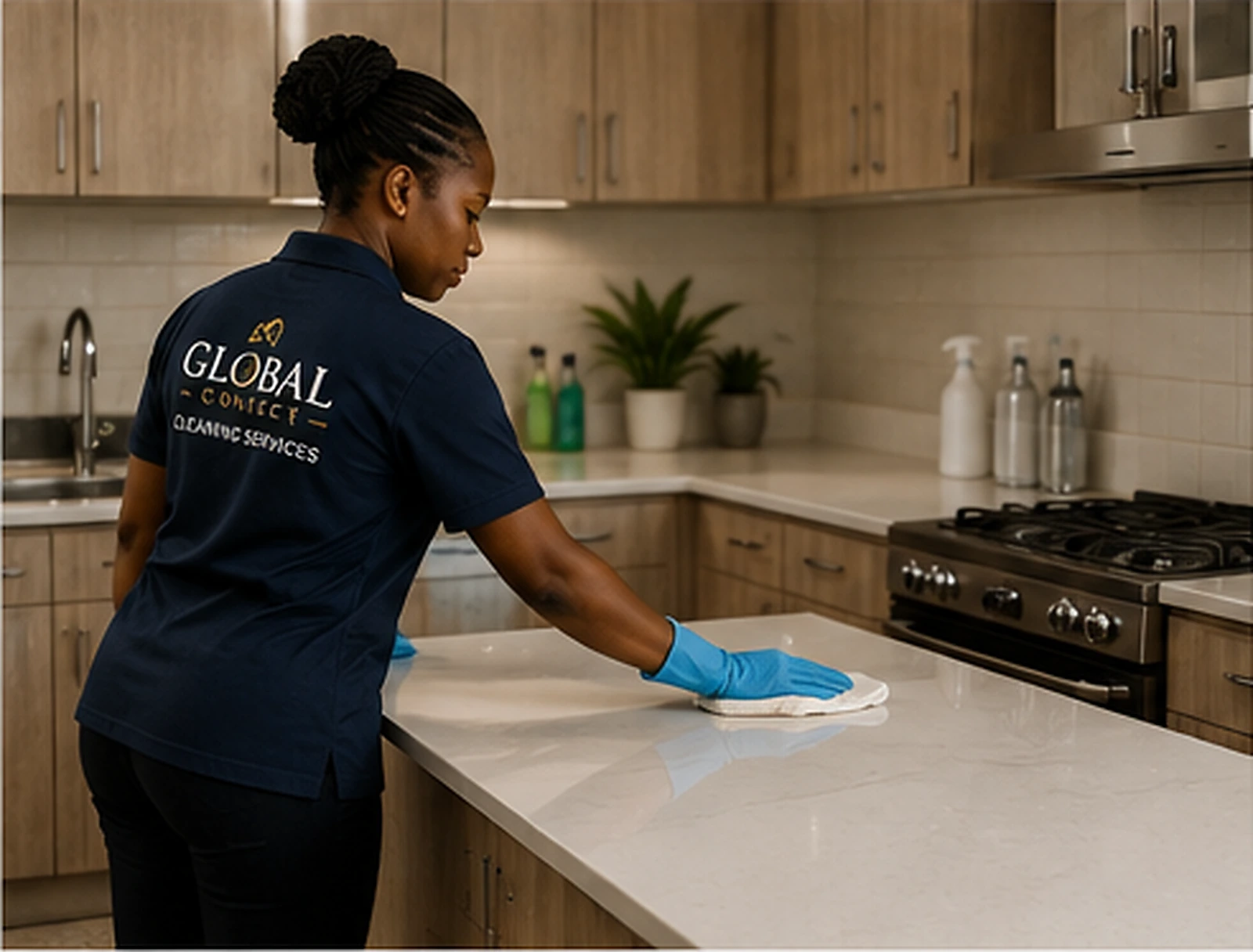 Cleaning professional preparing a furnished room